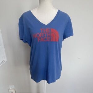 The North Face Women's Blue V-Neck Tee with Red Logo